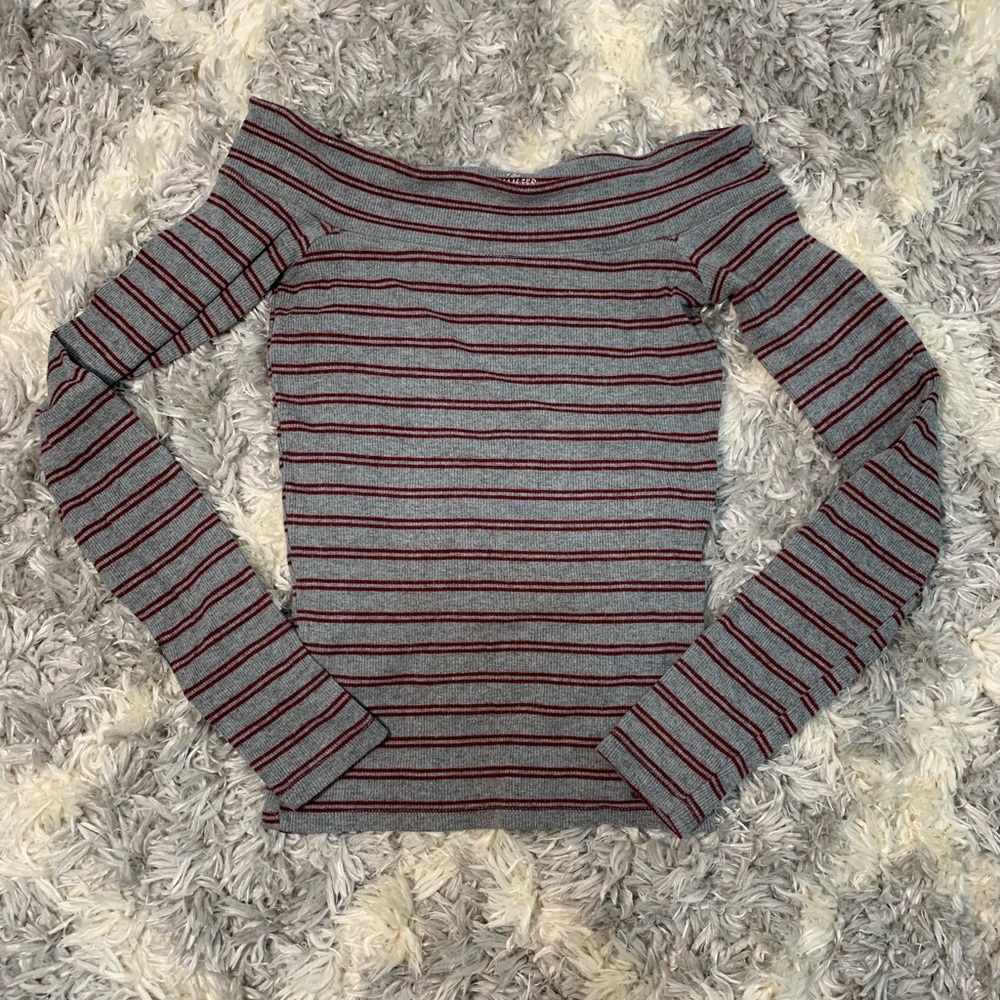 off the shoulder, gray and red long sleeve